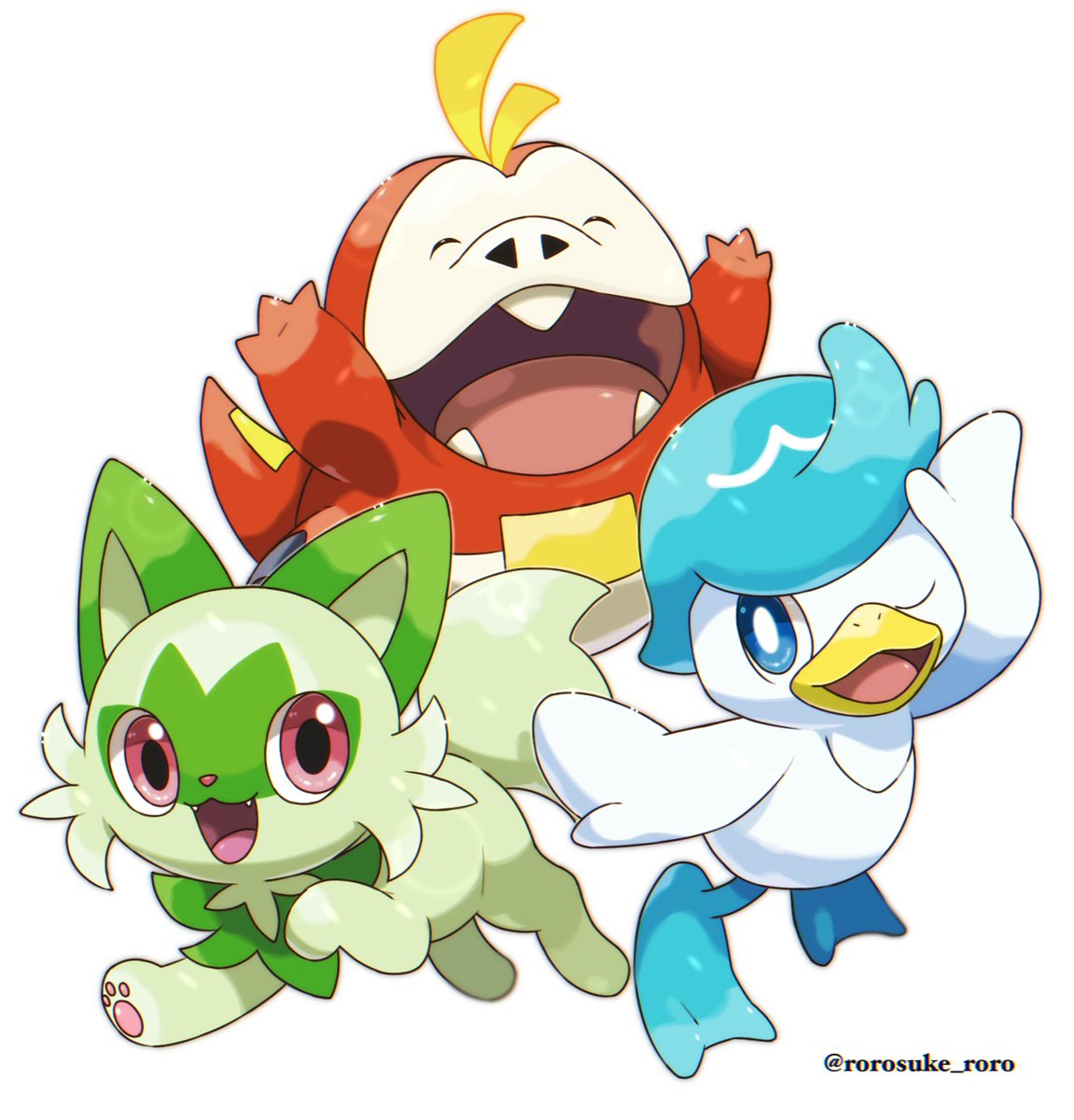 pokemon (creature) open mouth tongue no humans smile blue eyes starter pokemon trio  illustration images