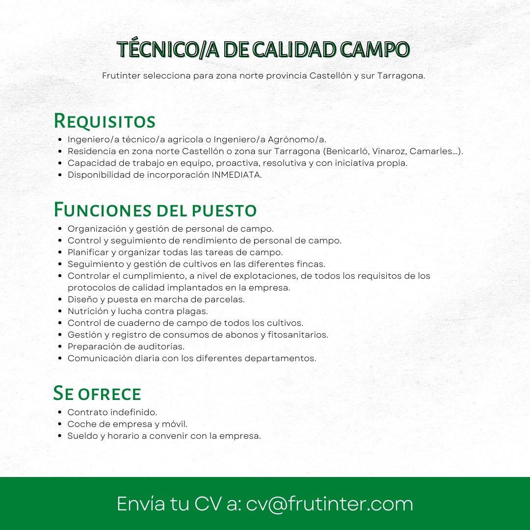 ¡OFERTA DE EMPLEO! 🥳

Necesitamos incorporar un/a técnico/a de calidad campo 🌳🍊

📌 Envía tu CV a: cv@frutinter.com

#frutinter #enfrutintercuidamos #oferta #empleo #trabajo #plantilla #busqueda #curriculum #vilareal #onda #alcoleadelrio #mercamadrid #mercabarna