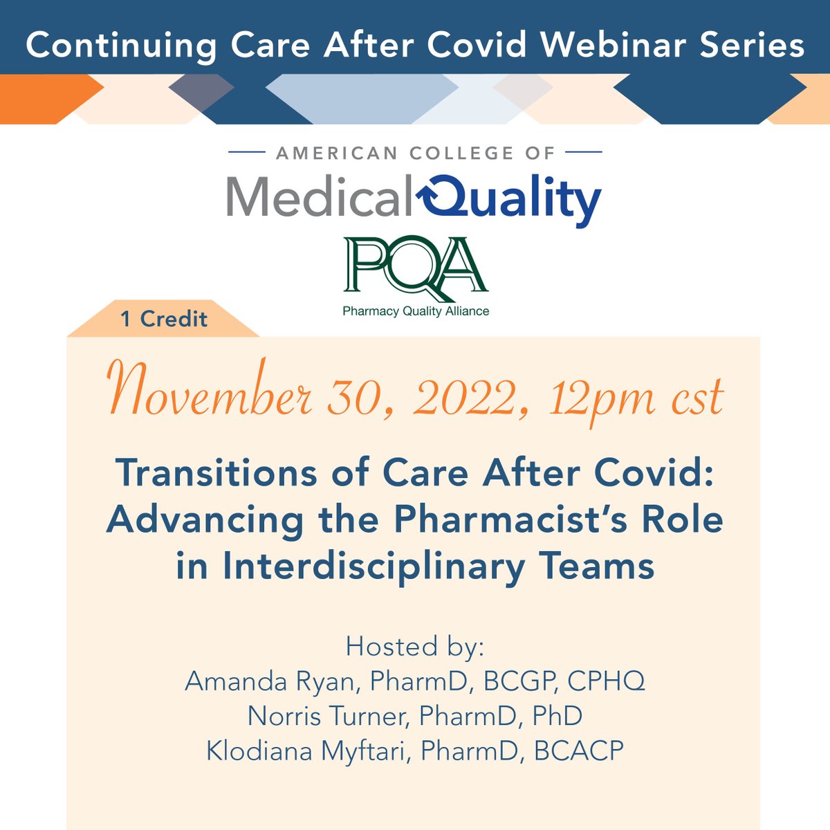Registration open! Come check out Amanda Ryan, Norris Turner, and Klodiana Myftari as they participate in a panel discussion about advancing the Pharmacist's role in interdisciplinary teams!
acmq.org/2022-annual-co…