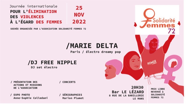 Accueil72's tweet photo. Soirée spéciale Solidarité Femmes 72, le vendredi 25 novembre au Lézard Bar au Mans, à l’occasion de la Journée Internationale pour l’élimination des violences à l’égard des femmes.
Tous les fonds seront reversés à notre association. 

https://t.co/t01oKmle1W https://t.co/eaBHKTrfJ1