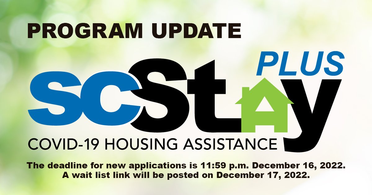 SCStateHousing's tweet image. The SC Stay Plus program will begin to wind down in South Carolina, as it is doing in many other states, and must stop accepting new applications at 11:59 p.m. on Dec. 16, 2022. #SCStayPlus For complete information and to apply for assistance: Bit.ly/SCStayPlus