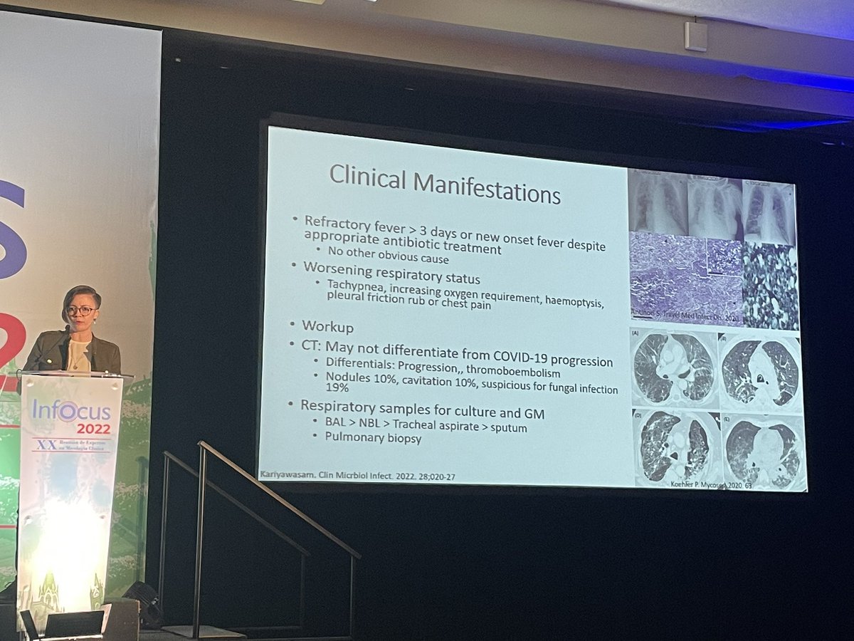 carla89rom's tweet photo. Talking about Fungus 😍 @ferduende Aspergillosis in the ICU: What lessons have we learned with Covid-19? #INFOCUS2022 @AMIMC8                        -Emergent infection with high mortality in critical COVID-19 -Dx BAL culture +/- BAL GMN -Tx Voriconazole #ThinkFungus https://t.co/ewBfbdSTuZ