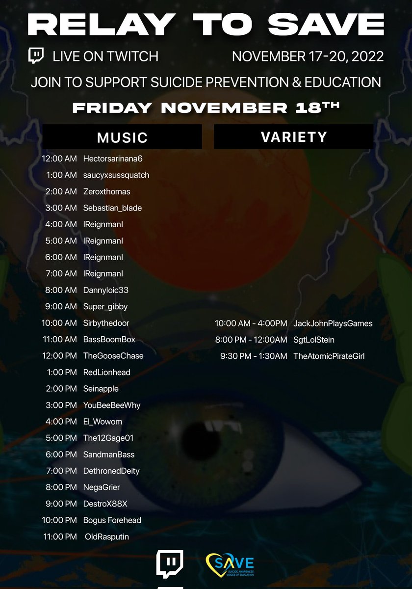 N0isses's tweet photo. Tonight is the night! The #RelaytoSAVE event full of great music and variety streamers starts and rolls through the weekend! Join us for some amazing moments, great folks, tunes, games, and to raise money for @SAVEvoicesofedu
Kickoff at 7pm ET at @StephxInfection Twitch channel! https://t.co/RGVxAPAZOa