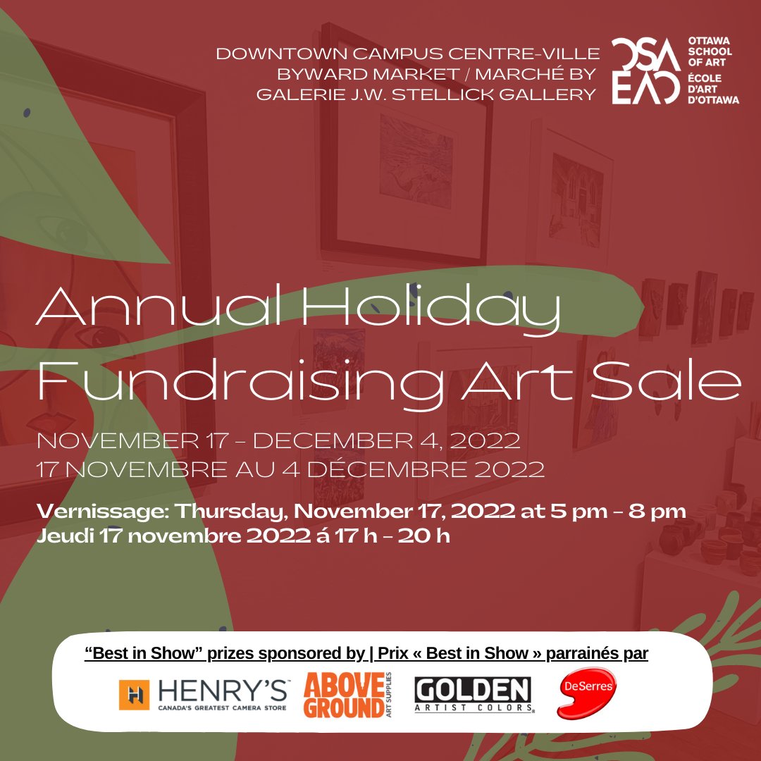 Don't forget the Holiday Art Sale starts tonight at 5pm!🎁🎄🎨 The OSA ByWard Market Campus is pleased to present its 38th Annual Holiday Fundraising Art Sale from November 17 to December 4; located in the J.W. Stellick gallery at 35 George St., in the ByWard Market.