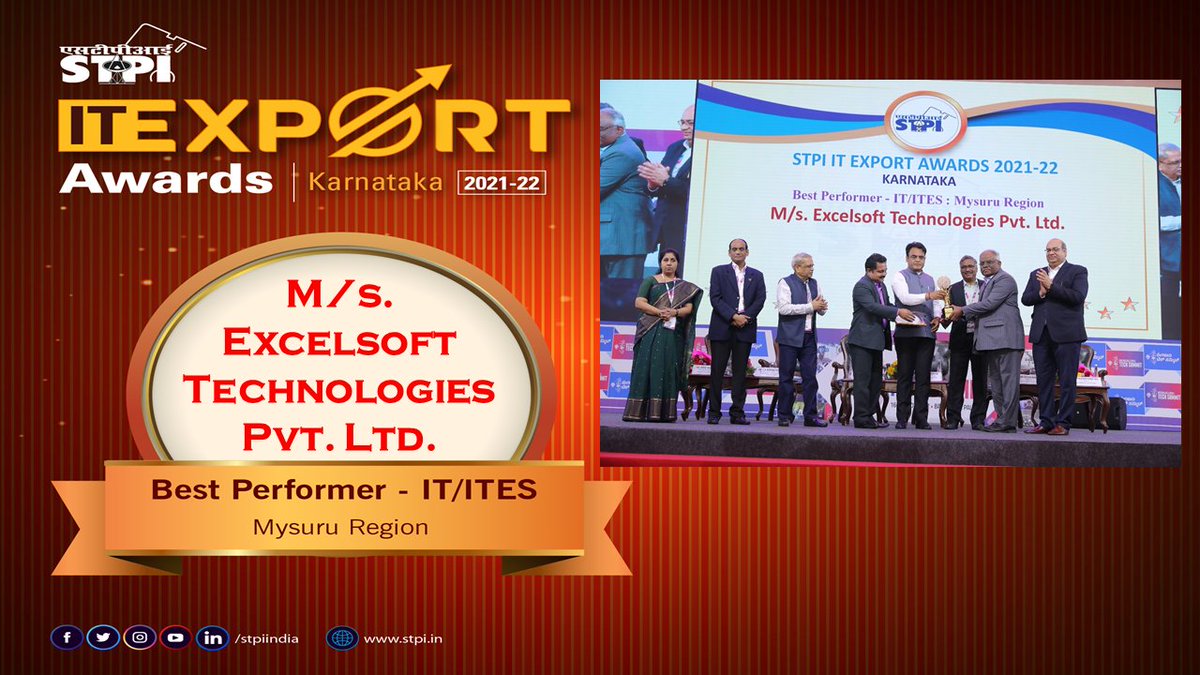 STPI Bengaluru (@stpibengaluru) on Twitter photo STPI Congratulates M/s. Excelsoft Technologies Pvt. Ltd. awarded as โBest Performer- IT/ITES -Mysuru Regionโat STPI IT Export Awards โ Karnataka 2022 #BTS2022 <a href="/AshwiniVaishnaw/">Ashwini Vaishnaw</a> <a href="/Rajeev_GoI/">Rajeev Chandrasekhar (Parody)</a> <a href="/drashwathcn/">Dr. C.N. Ashwath Narayan</a> <a href="/SecretaryMEITY/">S Krishnan</a> <a href="/arvindtw/">Arvind Kumar</a> <a href="/Excelsoft_Corp/">Excelsoft</a> STPI Congratulates M/s. Excelsoft Technologies Pvt. Ltd. awarded as โBest Performer- IT/ITES -Mysuru Regionโat STPI IT Export Awards โ Karnataka 2022 #BTS2022 <a href="/AshwiniVaishnaw/">Ashwini Vaishnaw</a> <a href="/Rajeev_GoI/">Rajeev Chandrasekhar (Parody)</a> <a href="/drashwathcn/">Dr. C.N. Ashwath Narayan</a> <a href="/SecretaryMEITY/">S Krishnan</a> <a href="/arvindtw/">Arvind Kumar</a> <a href="/Excelsoft_Corp/">Excelsoft</a>
