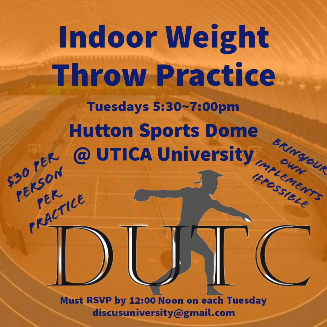 discusuniversity (@discusuniversi1) on Twitter photo Indoor HS weight throw practice sessions available starting Tuesday 11/29!
Limited to the first 12 athletes to sign up. RSVP required by noon on the day of, please email discusuniversity@gmail.com to confirm
Any cancelations will be done via email to those who have registered. Indoor HS weight throw practice sessions available starting Tuesday 11/29!
Limited to the first 12 athletes to sign up. RSVP required by noon on the day of, please email discusuniversity@gmail.com to confirm
Any cancelations will be done via email to those who have registered.