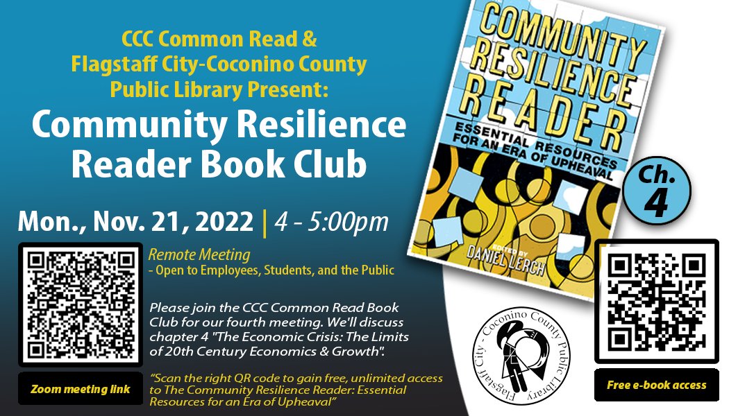 We're partnering with CCC for their Common Read Book Club!

You can fill out a short survey and get the free ebook here: surveymonkey.com/r/crr-reg.

Join on Zoom here: coconino.zoom.us/j/94587144476?…
@CoconinoCC #flagstaff #arizona #commonread #bookclub
