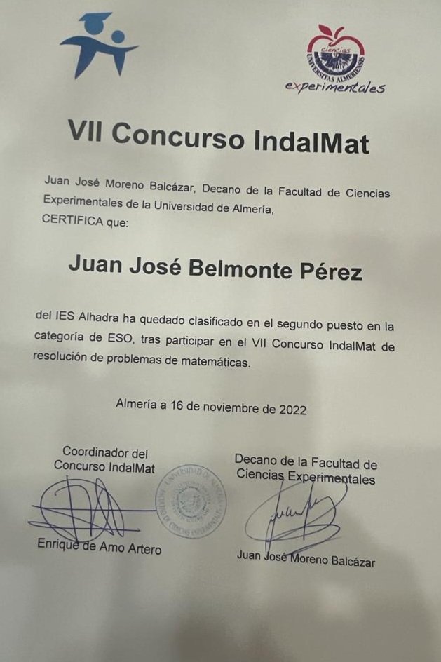 Nuestro alumno Juan José Belmonte Pérez ha quedado clasificado en el segundo puesto en la categoría de ESO, tras participar en el VII Concurso IndalMat de resolución de problemas de matemáticas 🧮. Enhorabuena! <a href="/iesalhadra/">jaimito</a> @edukalmeria <a href="/ualmeria/">Universidad de Almería</a> #INDALMAT