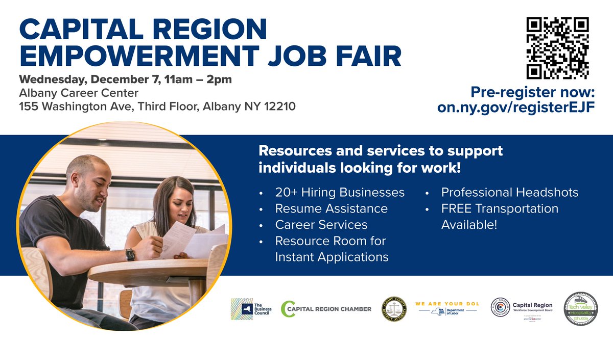 12/7/22: The Capital Region Empowerment Job Fair at the Albany Career Center, will provide resources &amp; services to support individuals looking for work.

For morning information &amp; to register- on.ny.gov/registerEJF