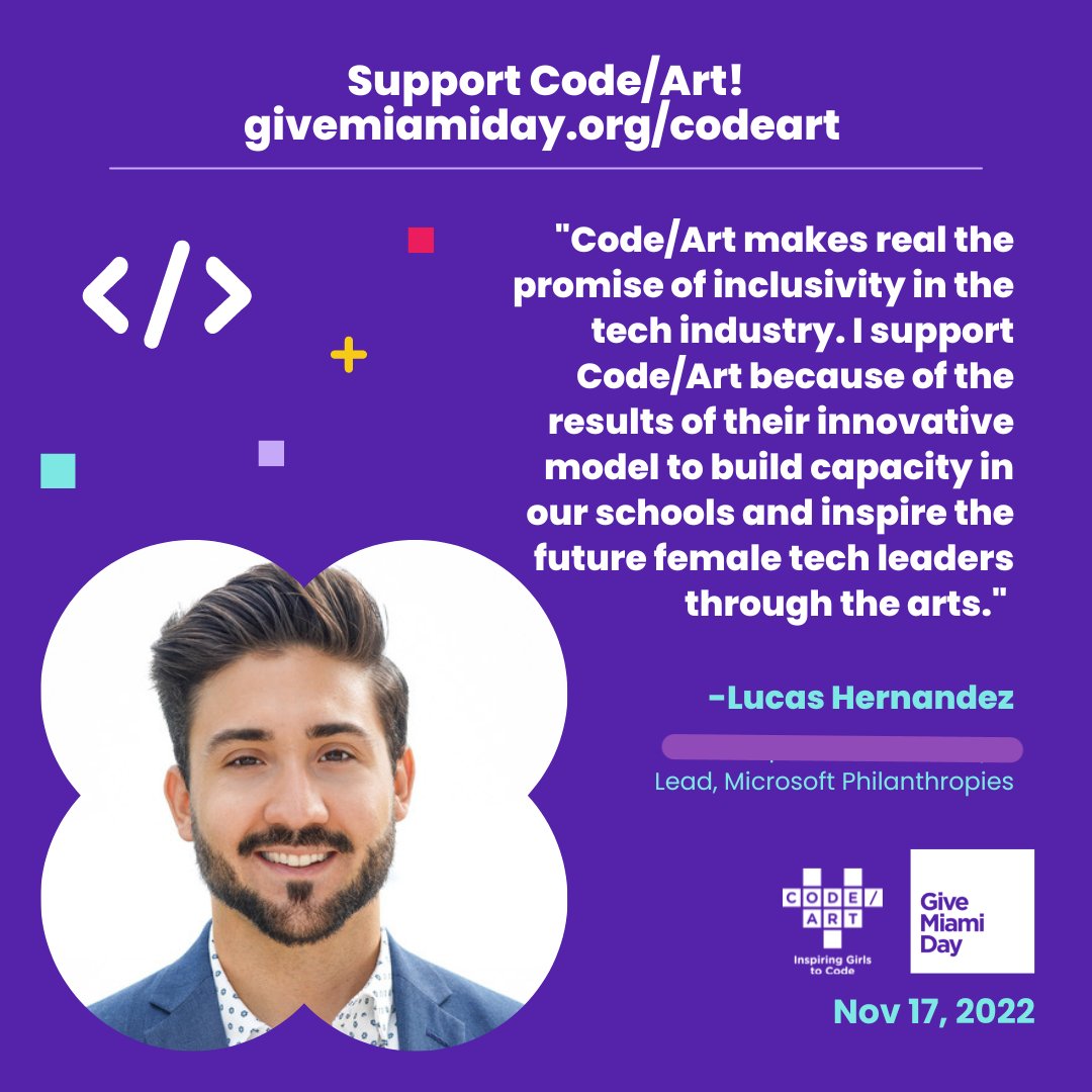 Giving is the highest expression of care. In today's #GiveMiamiDay please consider how you might express what you care most about our community. For me, there are many causes, including <a href="/codeartorg/">Code/Art 👩🏻‍💻</a> which I am excited to support. #GirlsinTech 👉givemiamiday.org/codeart