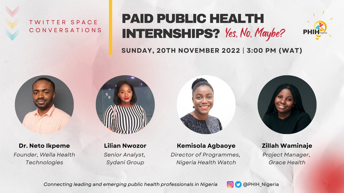 PHIH_Nigeria's tweet photo. Internships have become a “stepping stone” to starting a public health career but should they always be paid? Are unpaid internships okay?

Join our #TwitterSpace this Sunday at 3:00pm (NGR time) with an excellent lineup of speakers providing insights (&amp; maybe opportunities) https://t.co/5NJZRcdkdT