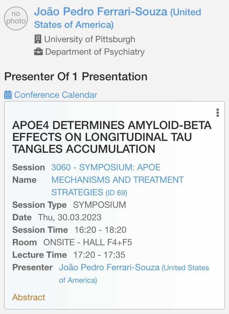 Super excited to discuss our recent work at <a href="/adpdnet/">AD/PD - Advances in Science & Therapy</a>! See you all in Sweden soon 🤩 

<a href="/LabPascoal/">Pascoal Lab</a> <a href="/PittPsychiatry/">Pitt Psychiatry</a> <a href="/PittTweet/">University of Pittsburgh</a> <a href="/zimmerneurolab/">Zimmer Lab</a> <a href="/ufrgsnoticias/">UFRGS</a>
