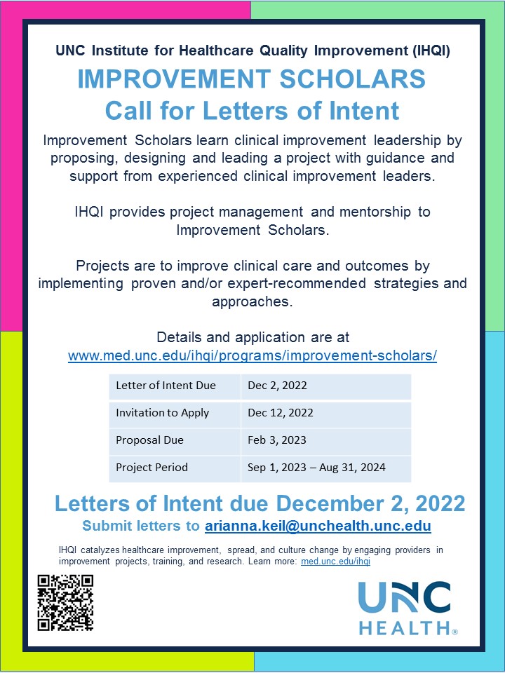 UNC_IHQI's tweet photo. Do you have an idea to improve a process or quality? Please consider applying for the IHQI Improvement Scholars Program. The IHQI team will do all the paperwork for you! All you need is an idea and passion for improving your everyday work flow. https://t.co/txfdMmHQ0U