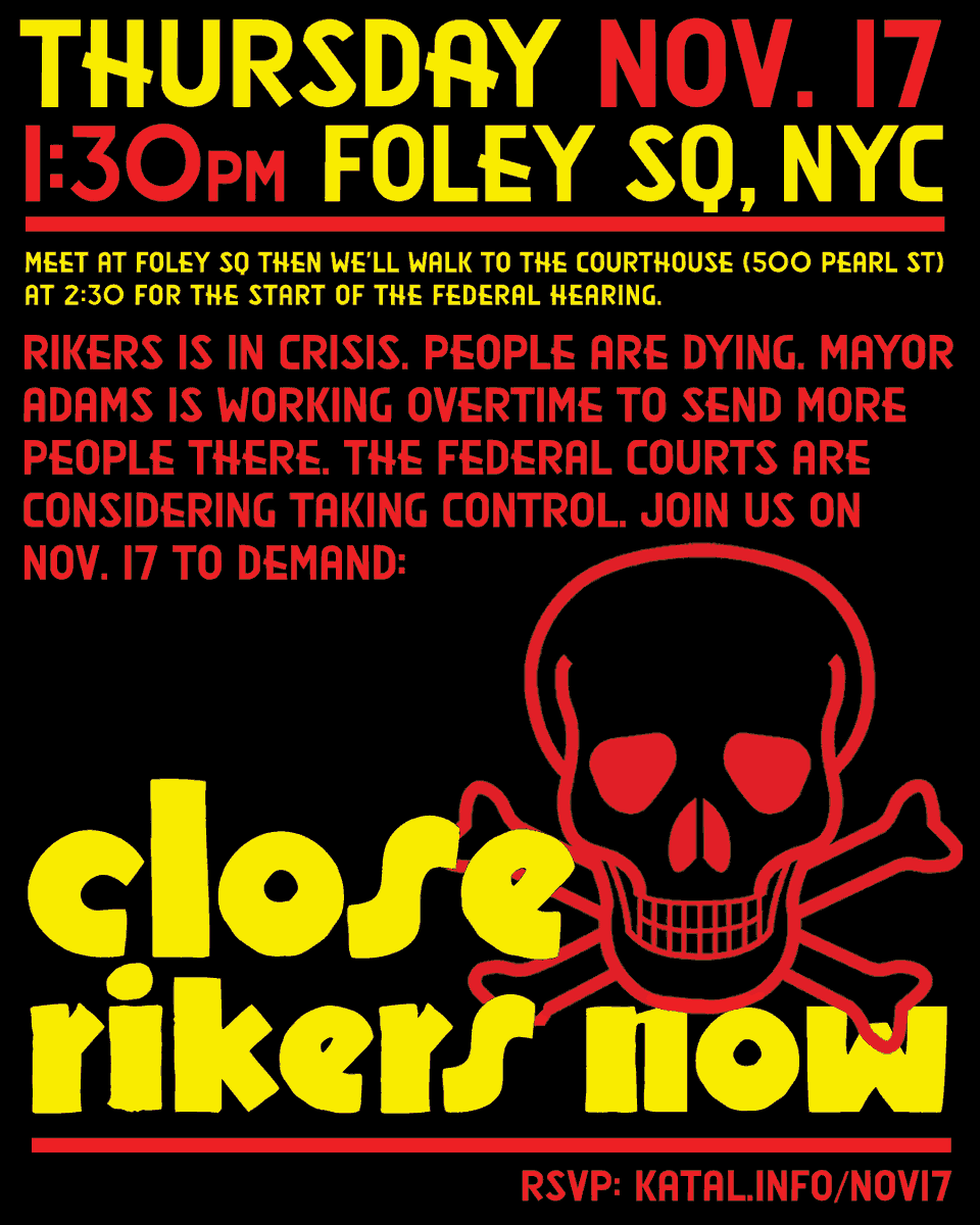 katalcenter's tweet photo. HAPPENING SOON: Join us TODAY at 1:30pm at Foley  Square as we rally &amp; march to the federal court hearing on receivership to demand that @NYCMayor shuts down Rikers. #CutShutInvestNY

RSVP for today's rally here: https://t.co/11oWHrxxfp

We'll also be live streaming on Instagram! https://t.co/Sw494ErSmT
