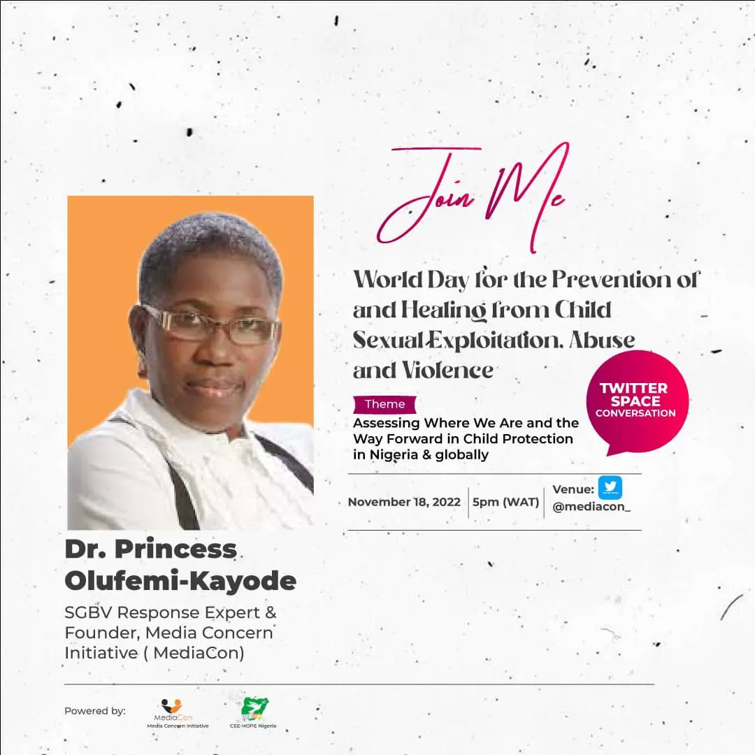mediacon_'s tweet photo. Co-host of event and Founder @mediacon_ will be joining the panel...@iamdrprincess Do not miss this exciting Child Rights Activists &amp; Advocates,  Child Protections and SGBV experts   at our Twitter Spaces event tomorrow. Join via this link https://t.co/pTjj6upHes @oredolakay https://t.co/XcceKctJhl
