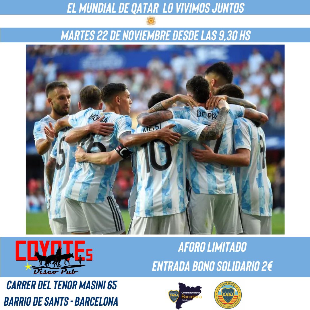 Consulado Boca Juniors Barcelona (@barcelonadeboca) on Twitter photo Se viene Qatar 2022 y no te vamos a dejar solo! Veni a vivirlo con nosotros a Coyotes Discoteca, a <a href="/afaseleccion/">argentinaseleccion</a> le hacemos el aguante desde Barcelona. Los esperamos a todos. El Mundial de Qatar 2022 lo vivimos juntos.
#qatar🇶🇦 #mundial2022🏆 #argentinosenbarcelona #argentina🇦🇷 Se viene Qatar 2022 y no te vamos a dejar solo! Veni a vivirlo con nosotros a Coyotes Discoteca, a <a href="/afaseleccion/">argentinaseleccion</a> le hacemos el aguante desde Barcelona. Los esperamos a todos. El Mundial de Qatar 2022 lo vivimos juntos.
#qatar🇶🇦 #mundial2022🏆 #argentinosenbarcelona #argentina🇦🇷