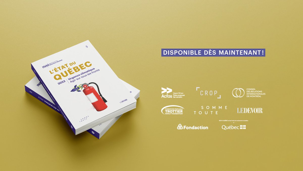 Cette semaine, <a href="/INM_voix/">Institut du Nouveau Monde (INM)</a> a publié le livre « L'État du Québec 2023 » ayant pour thème l’urgence climatique.
Ce livre regroupe 24 textes inédits, résolument tournés vers l’action, écrits par 60 collaborateur·trices.
Les détails 👉 nm.qc.ca/edq2023