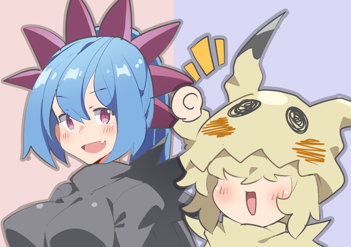 mimikyu 2girls multiple girls blue hair smile hair over eyes open mouth fang  illustration images