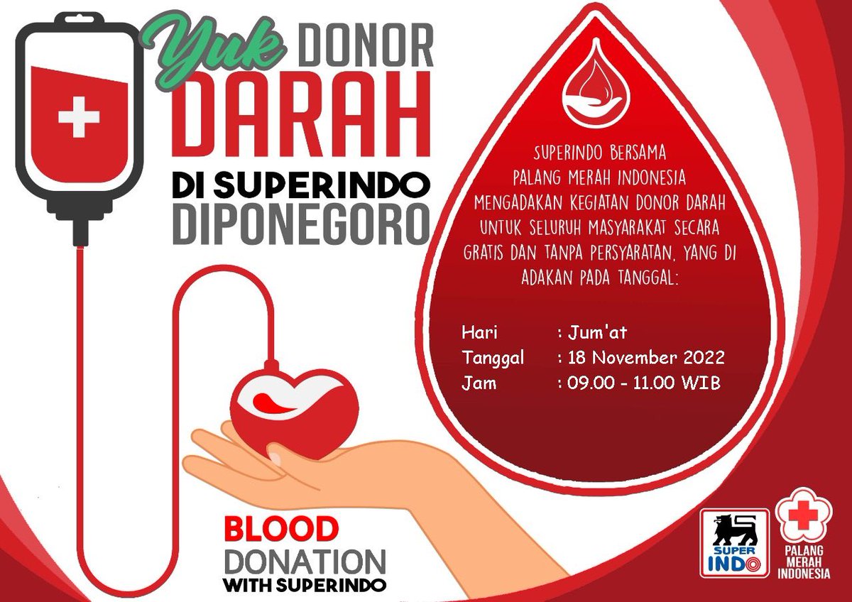 Donor darah untuk seluruh masyarakat secara gratis dan tanpa syarat yang diadakan pada :

Tanggal : Jumat, 18 November 2022
Lokasi : Super Indo Diponegoro Ungaran
Waktu : 09.00-11.00 WIB

Yukk Monggo yang berminat silahkan besok pagi langsung datang saja ke Super Indo Ungaran