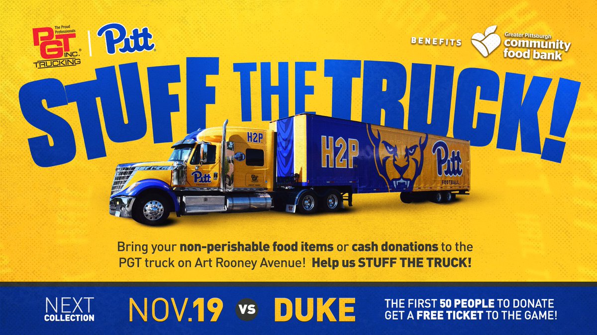 Pitt Panthers (@pitt_athletics) on Twitter photo In two days, let's STUFF THE TRUCK!
Pitt & <a href="/PGTTrucking/">PGT Trucking, Inc.</a> are fighting hunger this fall, so please consider bringing non-perishable food donations to Saturday's <a href="/Pitt_FB/">Pitt Football</a> game!
Proceeds benefit the <a href="/PghFoodBank/">Greater Pittsburgh Community Food Bank</a>.
More: pittsburghpanthers.com/stuffthetruck
#H2P In two days, let's STUFF THE TRUCK!
Pitt & <a href="/PGTTrucking/">PGT Trucking, Inc.</a> are fighting hunger this fall, so please consider bringing non-perishable food donations to Saturday's <a href="/Pitt_FB/">Pitt Football</a> game!
Proceeds benefit the <a href="/PghFoodBank/">Greater Pittsburgh Community Food Bank</a>.
More: pittsburghpanthers.com/stuffthetruck
#H2P