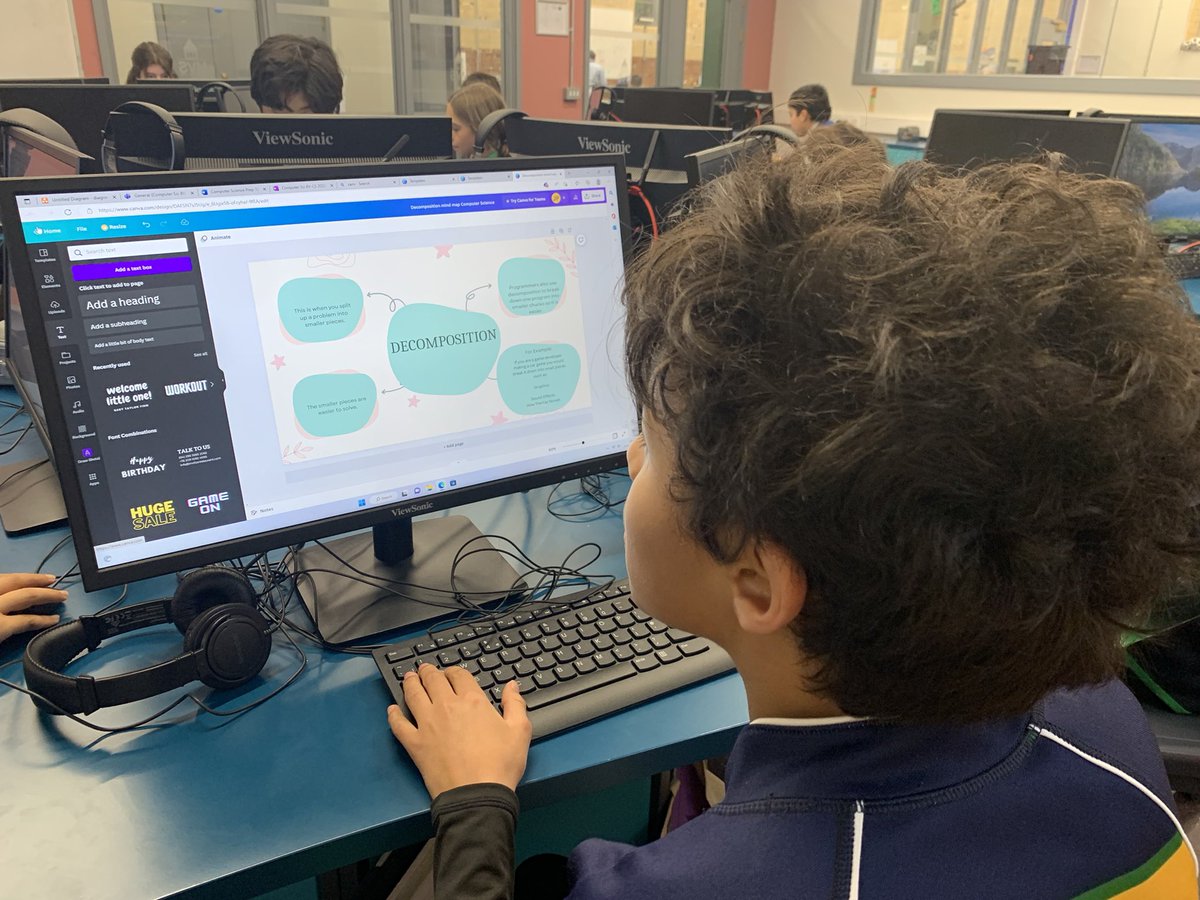 MaidaValeComp's tweet photo. Year 8 using mindmaps in #canva to revise about Computational thinking (decomposition, abstraction, pattern recognition, algorithms, flow charts) #MVS #MVScomputing https://t.co/7xDz5sDpLx