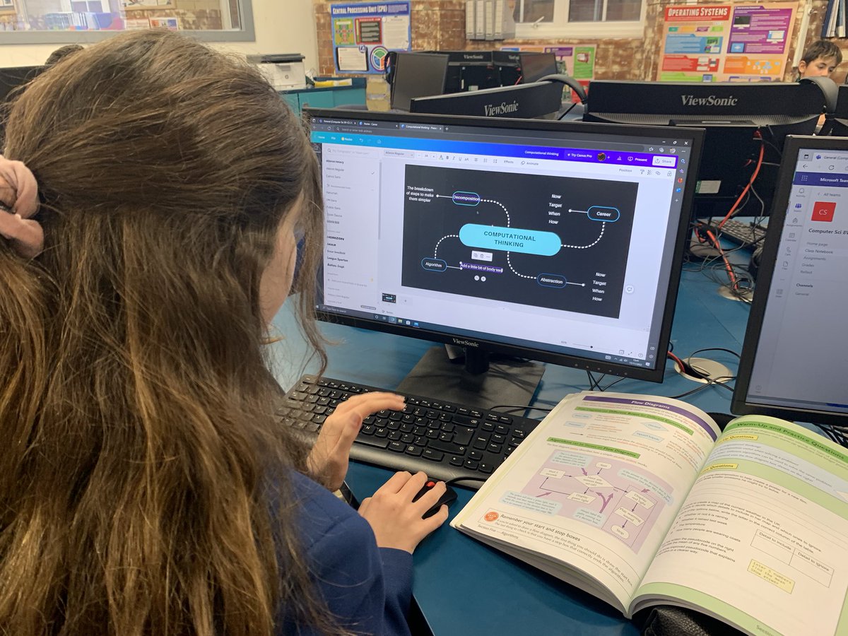 MaidaValeComp's tweet photo. Year 8 using mindmaps in #canva to revise about Computational thinking (decomposition, abstraction, pattern recognition, algorithms, flow charts) #MVS #MVScomputing https://t.co/7xDz5sDpLx