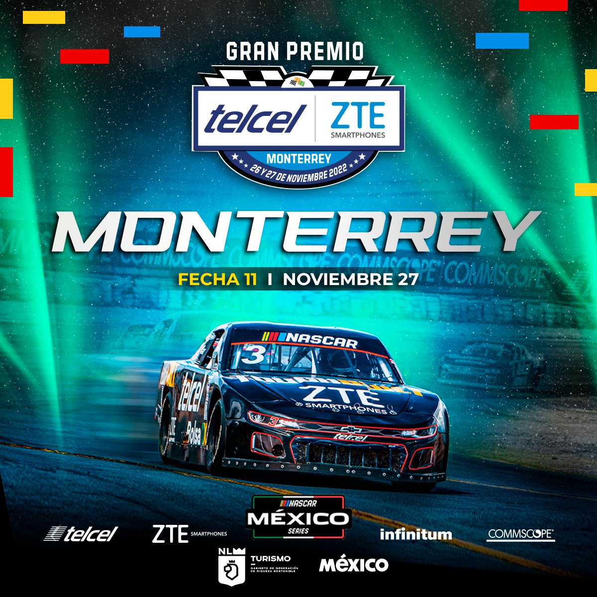 NASCARMex's tweet photo. Recuerda, el "Gran Premio Telcel - ZTE" se corre en Monterrey y la cuenta regresiva se ha activado 🏁

🎟 Boletos disponibles en: https://t.co/gw85PSq6vv
🔥Fecha 11- Temporada 2022
📆27 de noviembre
📍Autódromo Monterrey

#NASCAR #NASCARMx #NASCARMty #NASCARMonterrey #GpTelcelZTE https://t.co/fvoXs6t8qY