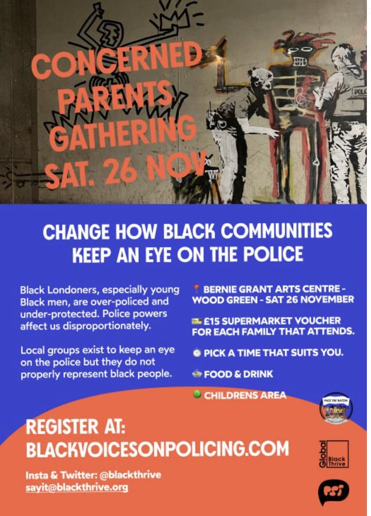 BameFor's tweet photo. The @MayorofLondon is consulting Black London parents on their views of the @metpoliceuk It's real simple consultation, pick a time on the 26th Nov @BGTrust tell them your views on the police, and boom you get a £15 shopping voucher! @BlackThrive @StaffordScott_ @TheVoiceNews https://t.co/psYoYJ9KCK