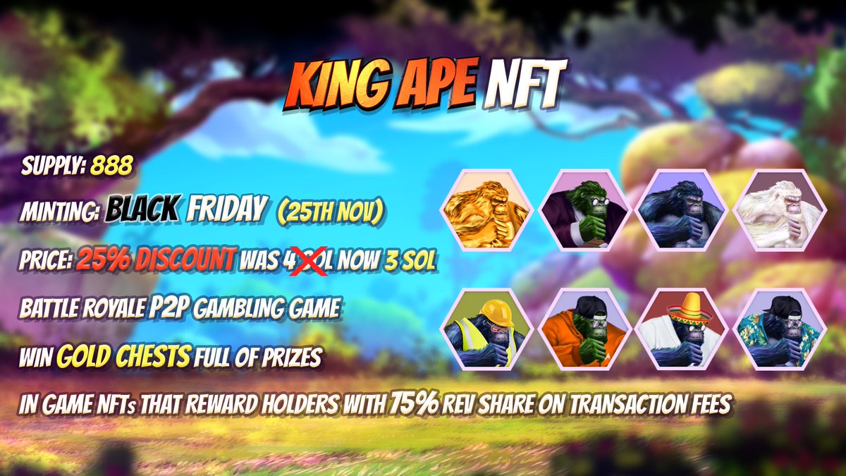 📣 BLACK FRIDAY MINT 

We’re very excited to announce that we will be minting our King Ape NFT’s on Black Friday (25th Nov). 👑 🦍 

Supply: 888 
Price: 3 Sol

Keep an eye on our discord for more info! 🚀 

We will be announcing our launch pad partner next week 👀