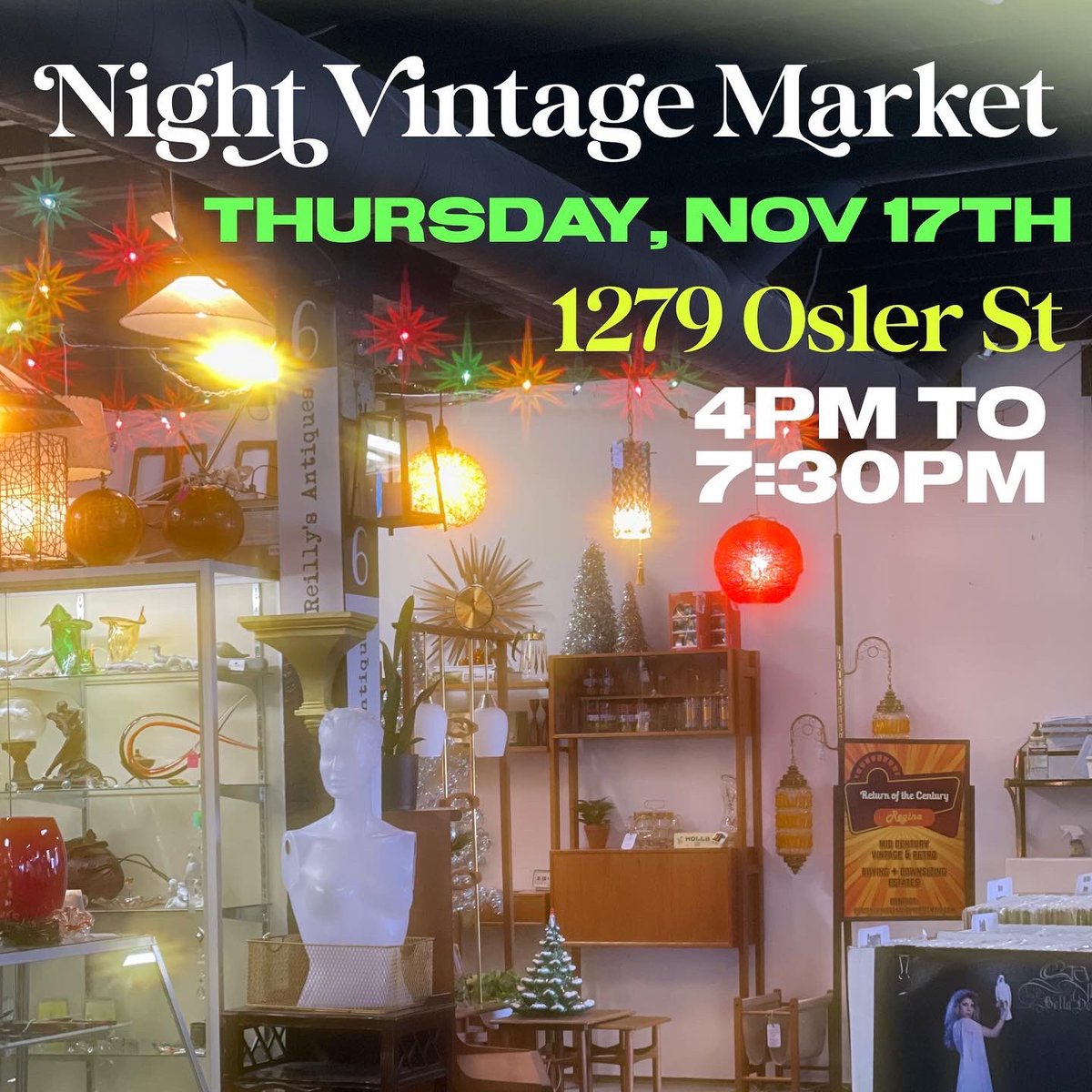 YqrMarket's tweet photo. ✨TONIGHT! Night Vintage Market✨

We are open tonight! While you’re here enter our Shop Vintage Contest. Shop 6 &amp; enter for a chance to win a $200 Market card

1279 Osler Street, Regina, SK
4pm to 7:30pm

#yqr #yqrvintiquemarket #nightvintagemarket #shopvintagecontest https://t.co/OqSguwPhz8