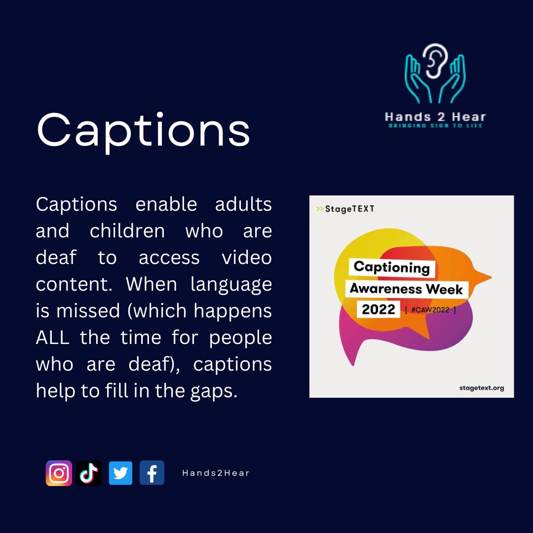 Hands2Hear's tweet image. It&apos;s Captioning Awareness Week! Turn on your captions to ensure equality for all people who are D/deaf!
#caption #captioning #stagetext #equality #nobarriers  #inclusivity #inclusivitymatters #hands2hear #deaf #deafness #deafawareness  #access #CAW2022 Infographic:@Stagetext