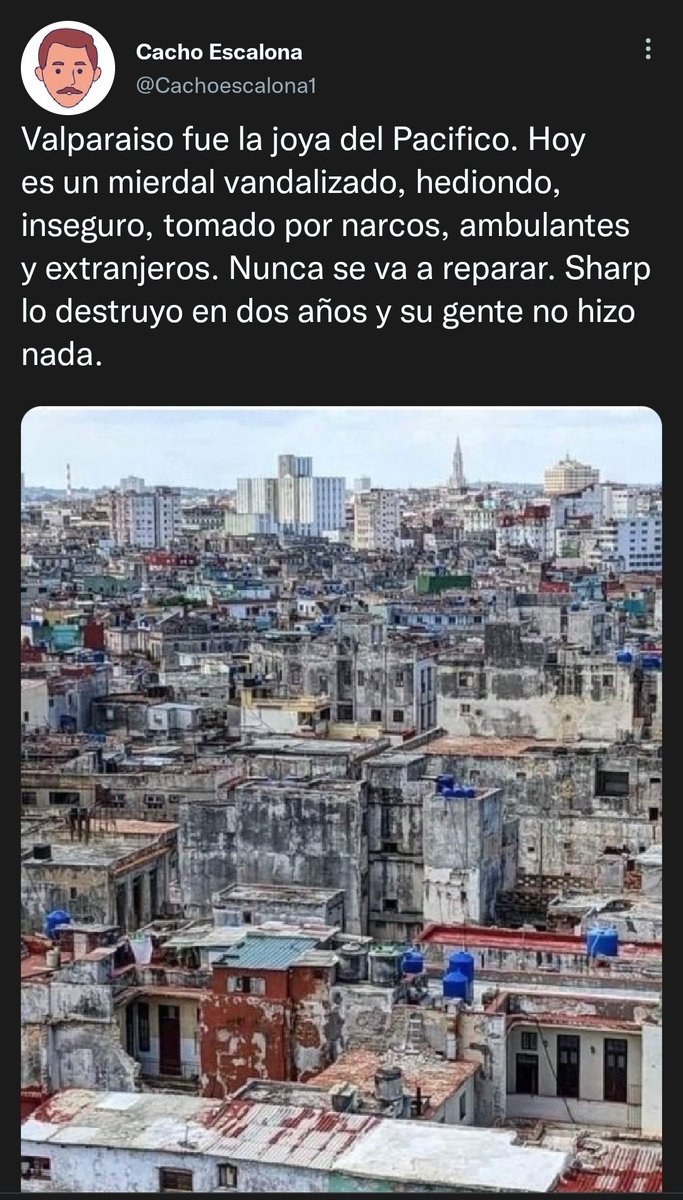 BiosDeMierdaCL's tweet photo. Por personajes como este y su tuit sobre Valparaíso (adjuntando una foto de un barrio pobre de La Habana), es que se vuelve necesario un foro internacional para combatir las fake news!!

#BiosDeMierda #BiosDeMierdaCL https://t.co/T4MrXStwXv