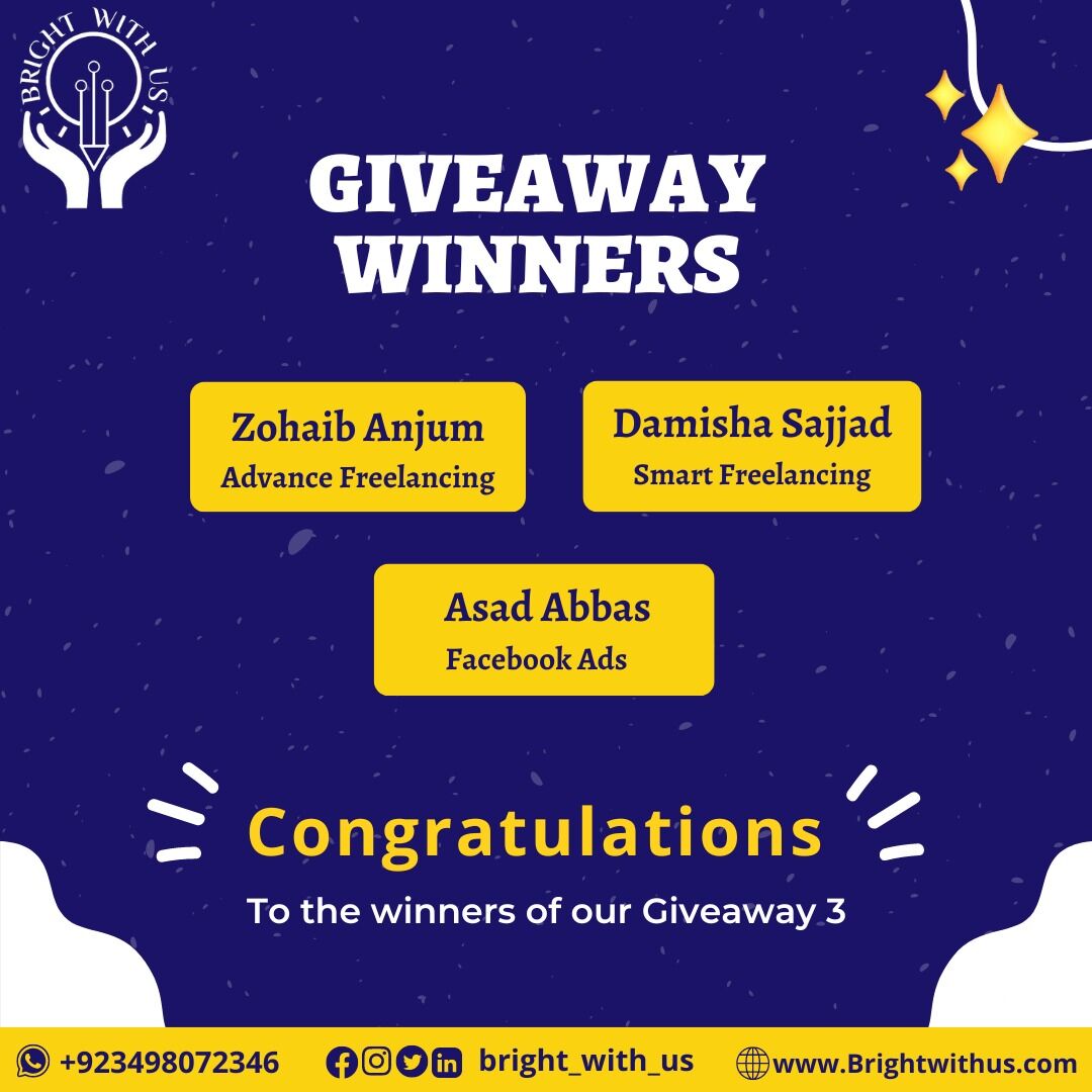 Giveaway3 Winners

Congratulations and thanks to all of you for participating✨

Regards:
Bright With Us

#giveaway
#GiveawayTime
#GiveawayContest
#giveawaywinner
#GiveawayAlert
#courses2022
#winner
#BrightWithUs
#freecompetition
#winnerannouncement
#participants
#canvadesign
#fr