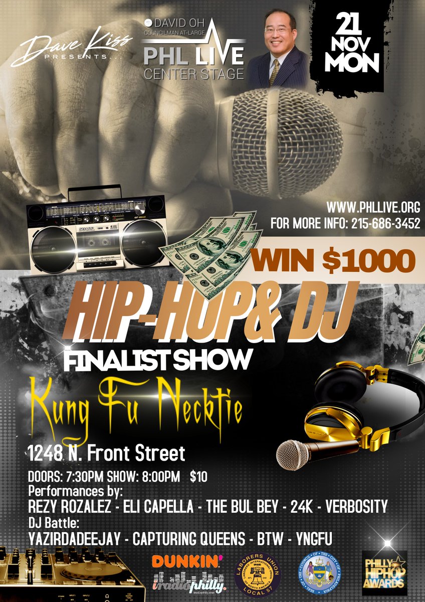 PHLLive1's tweet image. The weather won't be the only thing brick out here! Come thru Monday, Nov. 21 to @kungfunecktie at 7:30pm for our #PHLLive Hip-Hop/DJ Finalist Show. Hosted by @Iamplex &amp;amp; judges, @DJCasperDJC @jimmydasaint1 @whomag $10 at the door, advanced tickets available