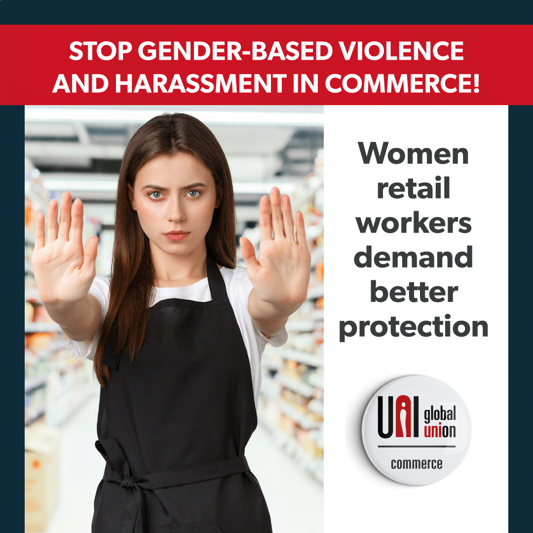 uniglobalunion's tweet photo. 📢 9 in 10 Commerce workers face abuse and harassment at work, and women often face the worst impacts.
✊ Together with our affiliates all over the world, we're stepping up to demand better protection at work for women.
#RatifyILOc190 #NoStoreForViolence https://t.co/VpkOZ0ekEq