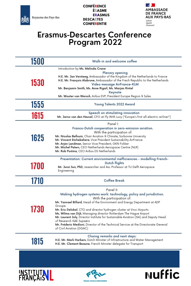 NLenFrance's tweet image. Suivez la #ErasmusDescartesConference jeudi prochain à partir de 15h30 ! Les ministres @markharbers et @CBeaune parlent d&apos;aviation durable et de coopération 🇳🇱🇫🇷. Les #JeunesTalents présenteront leurs résultats de leur #challenge de trois jours. Pour l&apos;ensemble du programme⬇️