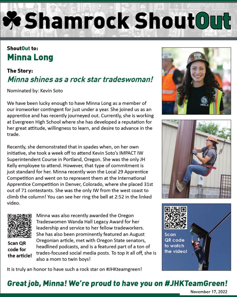 PortlandMechCG's tweet image. 🍀📢 Shamrock ShoutOut is for MINNA LONG! She joined us as an apprentice and has recently journeyed out. She has developed a reputation for her great attitude, willingness to learn, and desire to advance in the trade. We're proud to have you on #JHKteamgreen! #JHKelly #Since1923