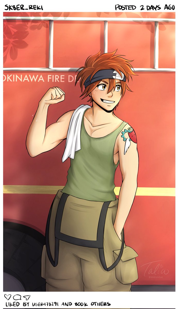 'Reki was so hot it was ridiculous. And fortunately for Langa, his hotness was plastered all over his Instagram page.' A redraw of the firefighter Reki I did last year from the fic ‘Fire Safety’ by @/nebulousrk 🔥 #SK8THEINFINITY #renga