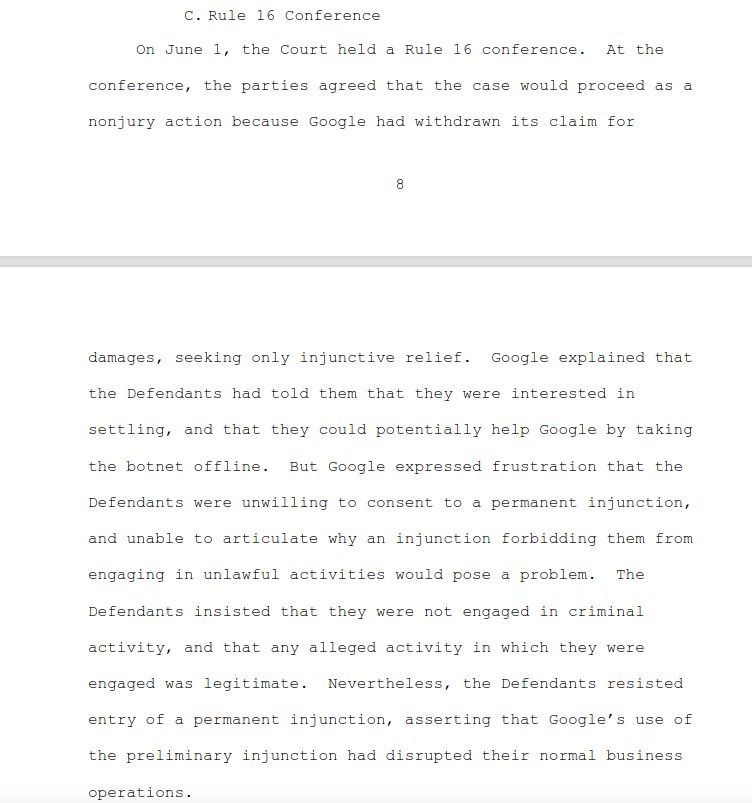 briankrebs's tweet photo. The latest update in Google's legal efforts to go after the cybercrooks behind the Glupteba botnet is surreal. "Defendants [said] they could potentially help Google by taking the botnet offline." Glupteba facilitates ad fraud, spam, malware proxies, etc. https://t.co/bRXZWpwysQ https://t.co/y5ve0ya5Qg