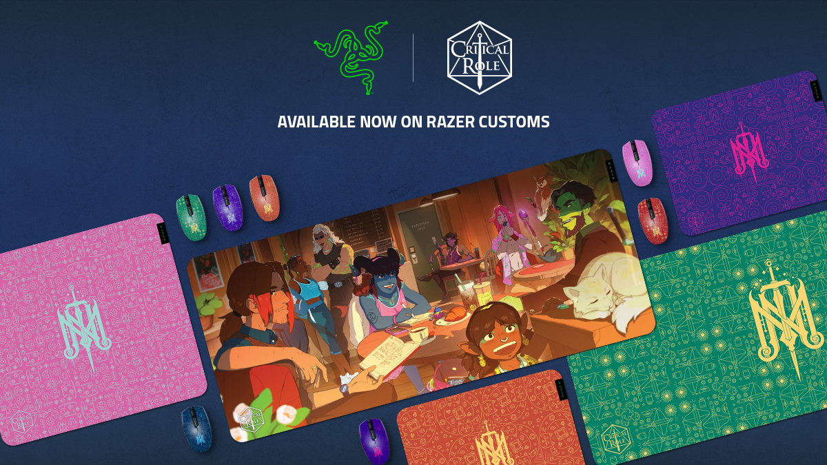 Razer's tweet image. To celebrate The Mighty Nein’s reunion, we’ve teamed up with @CriticalRole to create a Razer Customs collection inspired by Wildemount’s not-so-finest. Available for the Razer Orochi V2 and Gigantus V2, take your pick from designs you can’t say ‘nein’ to: rzr.to/mighty-nein