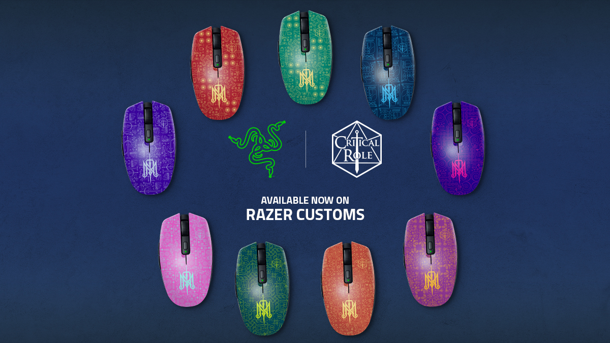 Razer's tweet image. To celebrate The Mighty Nein’s reunion, we’ve teamed up with @CriticalRole to create a Razer Customs collection inspired by Wildemount’s not-so-finest. Available for the Razer Orochi V2 and Gigantus V2, take your pick from designs you can’t say ‘nein’ to: rzr.to/mighty-nein
