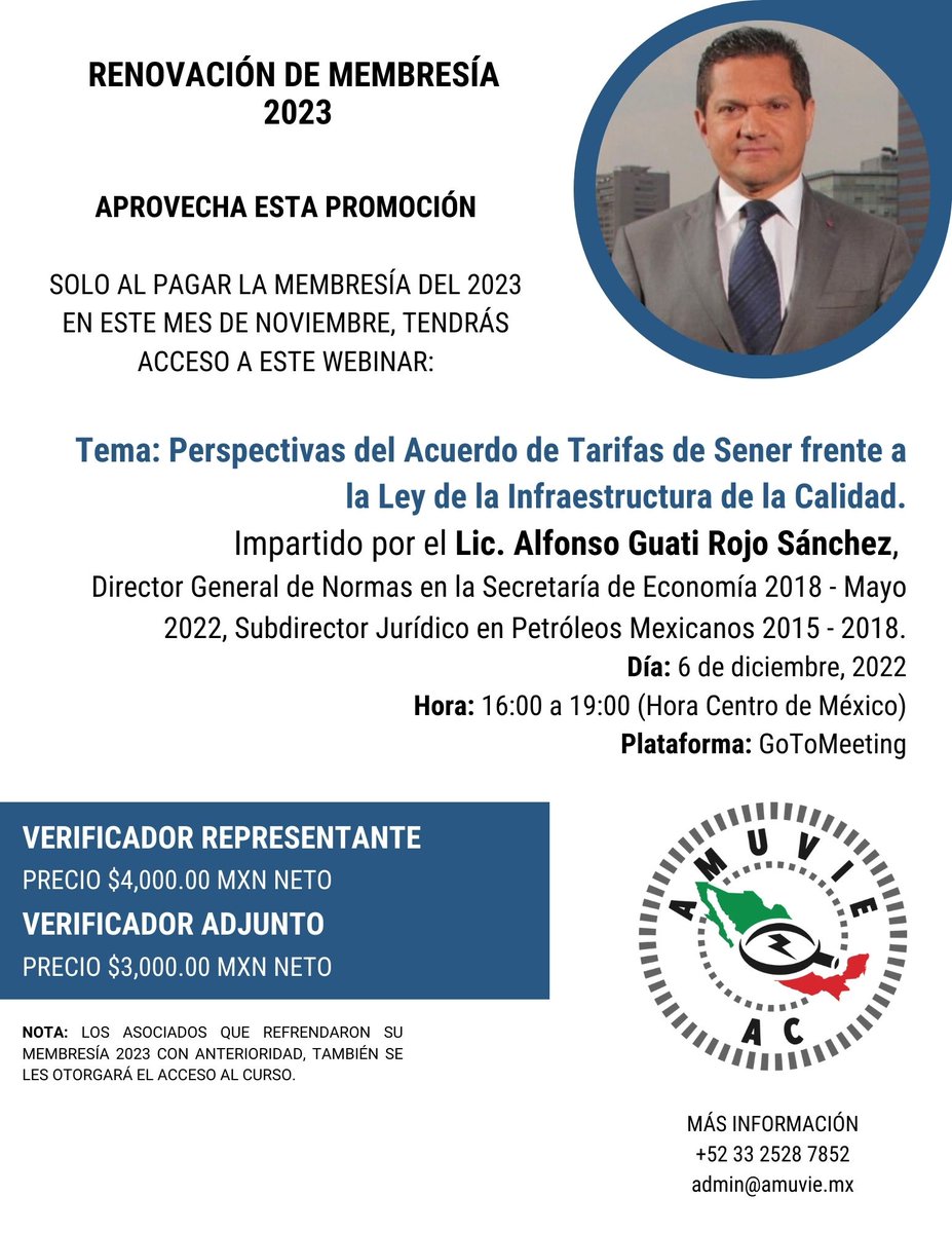 En este mes de noviembre tendremos esta increible promoción. Al renovar sus membresías 2023, te daremos acceso a un webinar.🙌
Tema: Perspectivas del Acuerdo de Tarifas de Sener frente a la Ley de la Infraestructura de la Calidad impartido por el Lic. Alfonso Guati Rojo Sánchez.