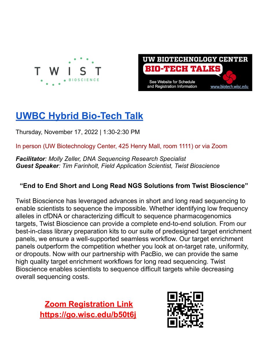 Join us TODAY, November 17th (1:30-2:30), for our monthly hybrid UWBC Bio-Tech Talk! Guest speaker: Tim Farinholt, Field Application Scientist <a href="/TwistBioscience/">Twist Bioscience</a> 
Come in person (425 Henry Mall) or join us via Zoom: go.wisc.edu/b50t6j <a href="/UWMadScience/">UW–Madison Science</a> <a href="/UWiscResearch/">UWResearch</a>
