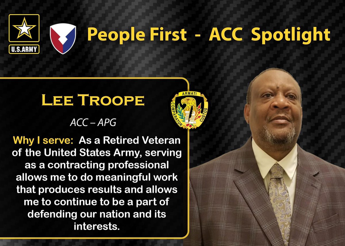 Today's #ACCSpotlight is Lee Troope with the ACC-Aberdeen Proving Ground center. Troope is a lead contract officer with over 33 years of combined active Army military and now civilian years. 
#Calledtoserve #PeopleFirst #WeAreACC #MeetYourArmy