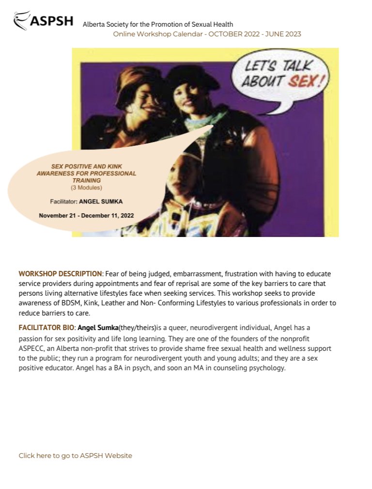 ASPSH's tweet image. If you tried to register for SEX POSTIVE AND KINK AWARENSS FOR PROFESSIONAL TRAINING, we missed it when we set up the registrations.Please go to ASPSH.ca/shop to join Angel as she explores barriers to care experienced by people who live alternative lifestyles.