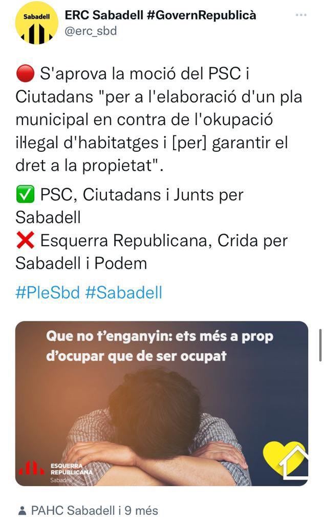 🥱 Van ser tolerants i permissius amb les ocupacions quan van “governar” durant 4 anys. 

❌ Han votat EN CONTRA sempre que hem demanat mesures i més contundència contra les ocupacions conflictives. 

A qui es pensa que pot enganyar <a href="/erc_sbd/">ER Sabadey 🔻♀️🏳️‍🌈🇵🇸💸🇪🇸</a>? 🤔