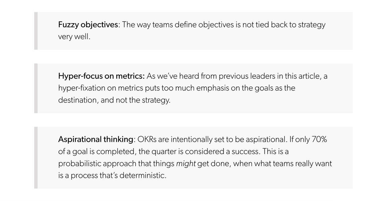 Sick of OKRs? You aren’t the only one. Former @tinder CPO @ravi_mehta outlines his biggest gripe with OKRs and offers his alternative planning framework (NCTs) in our latest on the Review ⬇️ review.firstround.com/annual-plannin…