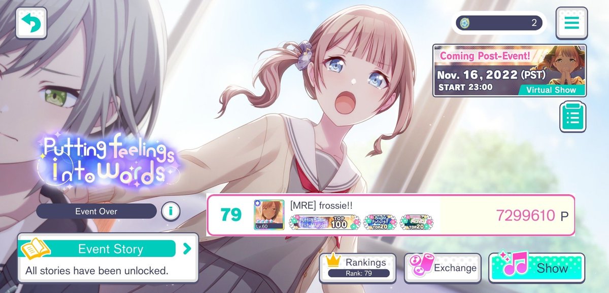 projectfros's tweet photo. Put Feelings Into Words

T79 - 7,299,610

Was unsure whether I was going to tier or not, but seeing Hona doesn't have a main event for a year+ after PFIW I had to go for the T100! 

I spent sm tiering in WLBWLA that I didn't know if I could make it, but I exceeded my goal!

Otsu! https://t.co/siNrEa0JXT