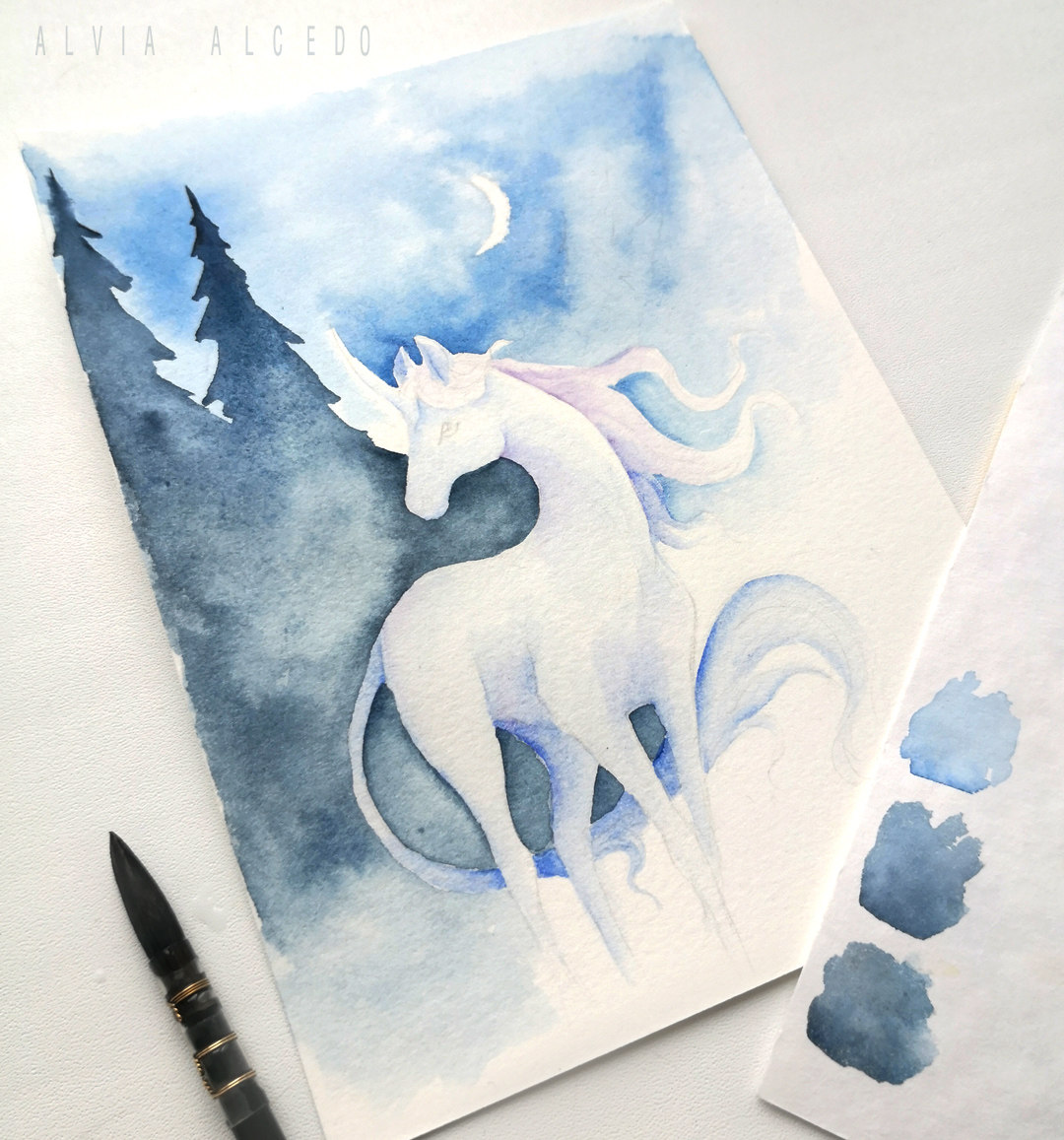AlviaAlcedo's tweet photo. Magic of forest night 🌙✨
I used shiny watercolors on some parts of this art, hope it's visible on photo^^
#unicorn #watercolor https://t.co/EPEU4EFyvv