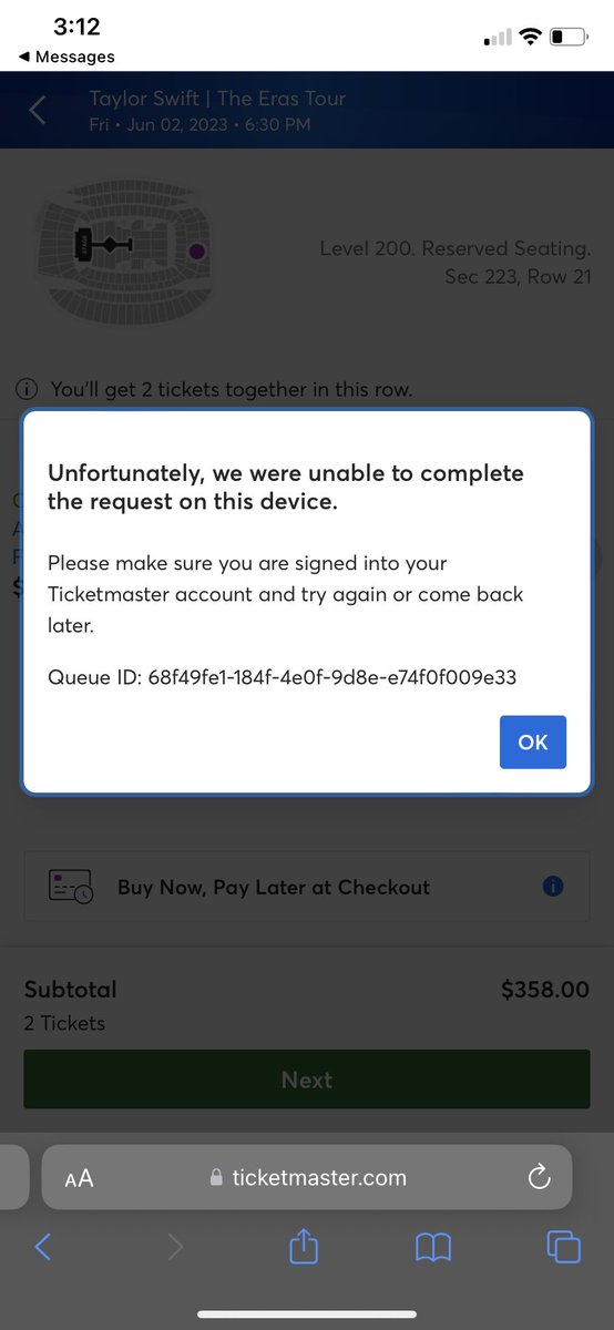 becauseitsrose's tweet photo. @blakeerose13 Adding to the mess. Waited for the chicago presale, got told my account wasn’t verified for the tickets (I had a code and used the link), got the process errors, booted back in queue, and then every ticket I tried was taken. https://t.co/FMfnmdFU6D